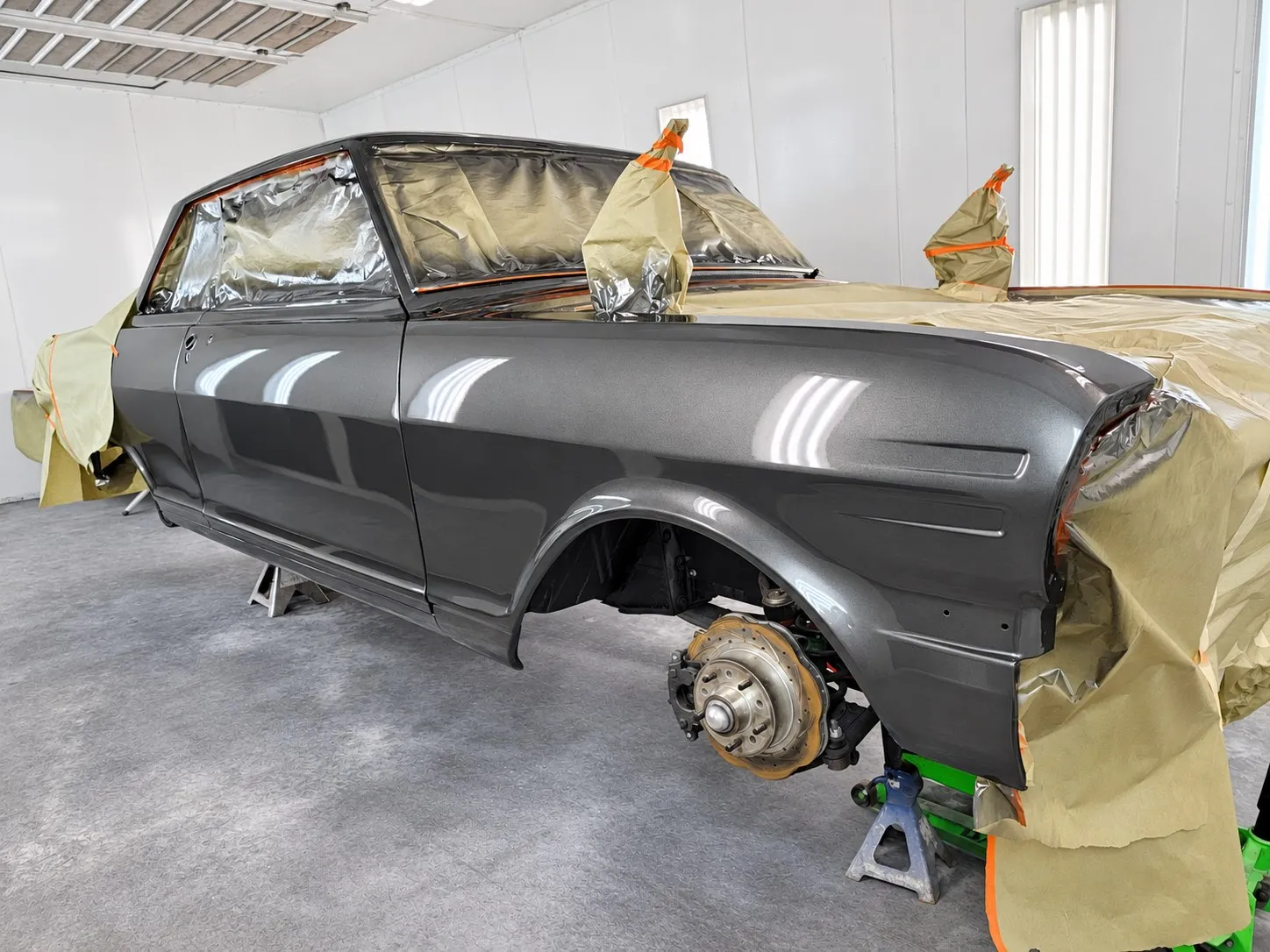 Classic car masked for paint in the Brix Auto paint booth, Tomball, TX
