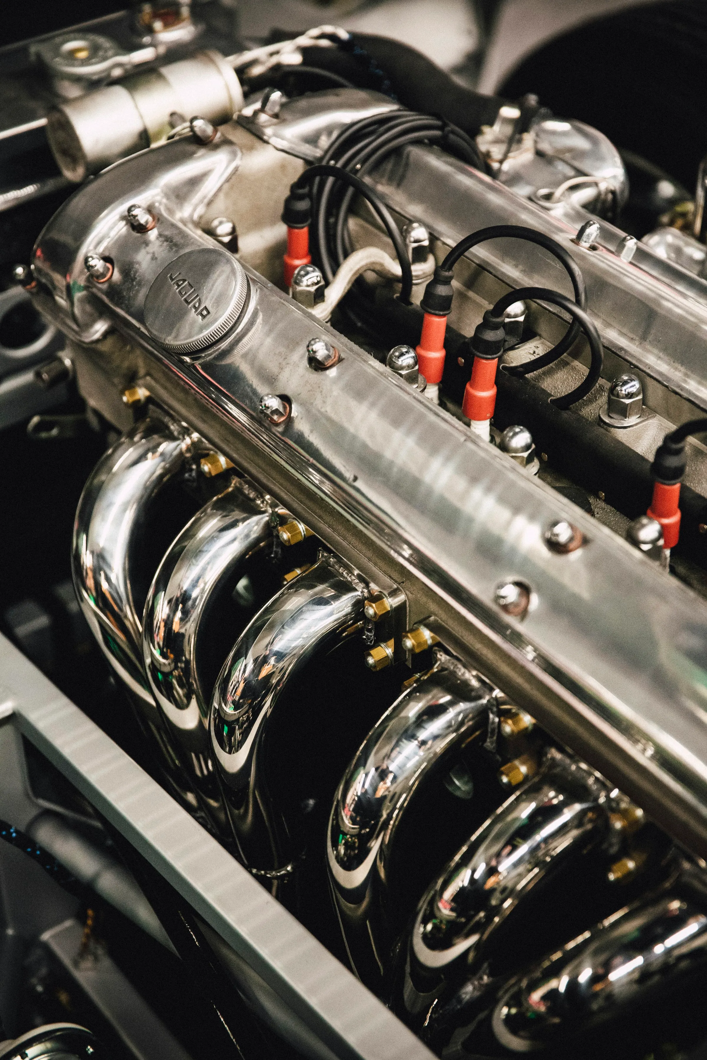 Stainless steel engine bay of a custom car